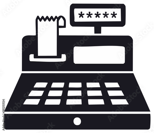 Stylized cash register icon with printed receipt for retail shopping and business finance