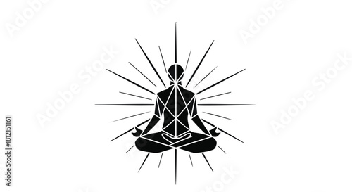 Silhouette of person meditating with geometric patterns and radiating light, symbolizing inner peace and enlightenment.