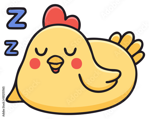 Adorable kawaii baby chicken character sleeping soundly, enjoying a sweet nap, with Zzz symbols