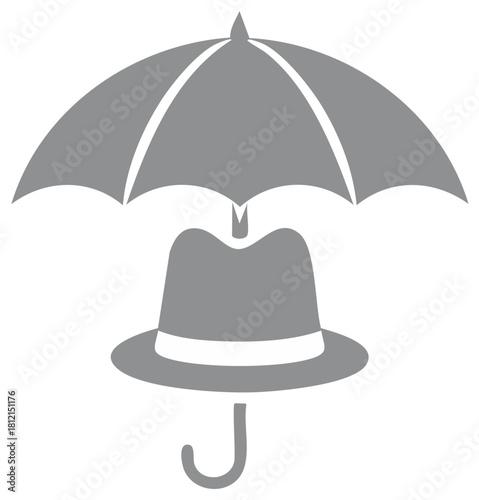 Stylized gray umbrella shielding a fedora hat in a playful and simplistic silhouette vector