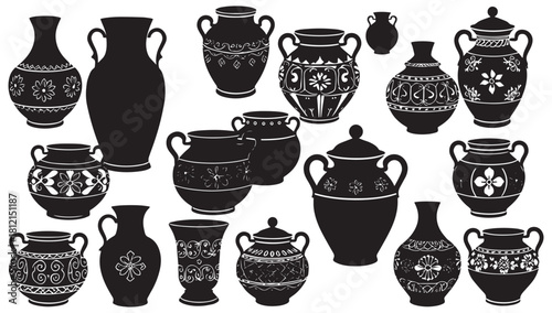 Elegantly designed pottery vessel icons offer visual appeal for creative projects, enhancing artistic themes with a touch of decorative charm for any design.