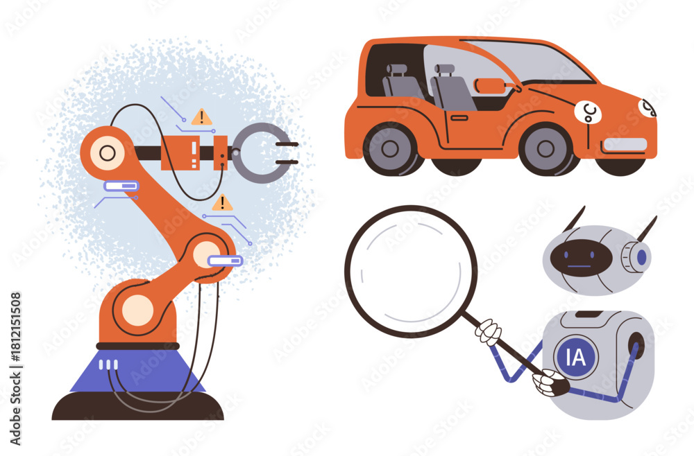Fototapeta premium Robotic arm assembling, autonomous car, magnifying glass held by AI robot. Ideal for innovation, AI, robotics, automation smart cars Industry 4.0 futuristic concepts. Simple flat metaphor