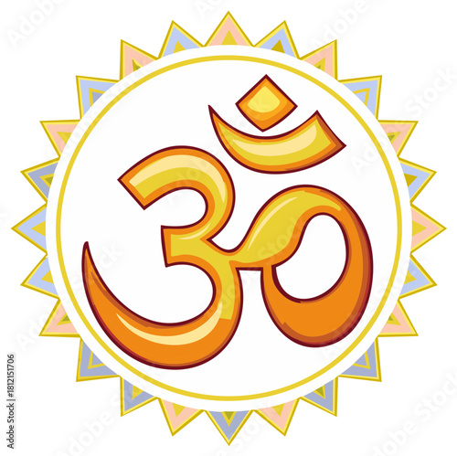 Golden Om Symbol Within Ornamental Sunshine Round Religious Sign