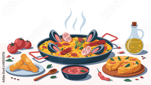 Colorful Vector Illustration of Spanish Cuisine Featuring Paella, Tortilla Española, and Tapas with Tomatoes, Olive Oil, and Fresh Aromatics