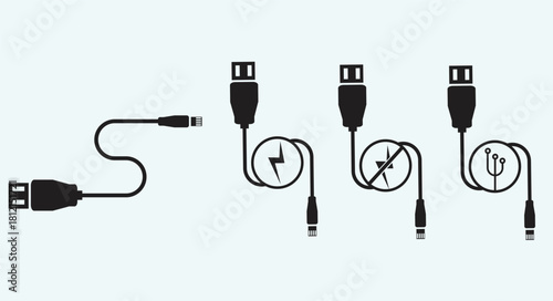 Vector icons of various data cables and connectors in minimal outline style. Perfect for illustrating technology devices, USB connections, charging accessories, digital equipment, and electronic inter