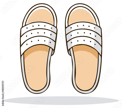 Pair of white sandals, comfortable summer footwear, beach style slides with sporty stripe design