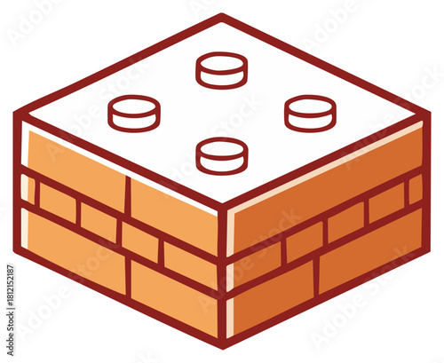 Cartoon illustration of a square toy building block with brick texture
