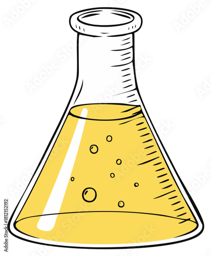 Erlenmeyer flask with yellow liquid and bubbles, hand drawn style, chemical experiment