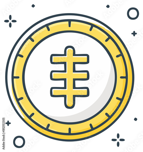 Digital currency symbol coin with a decorative border and sparks