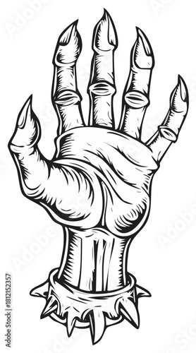 Monochrome Cartoon Hand with Spiked Collar and Long Pointed Nails, Halloween Creepy Elements, Scary Zombie Appendage