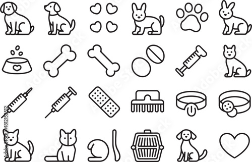 Pet care icons including dogs cats hearts and medical supplies