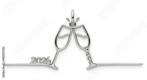 Two champagne glasses toasting with the year 2026 in silver metal against a white background studio shot created with generated ai