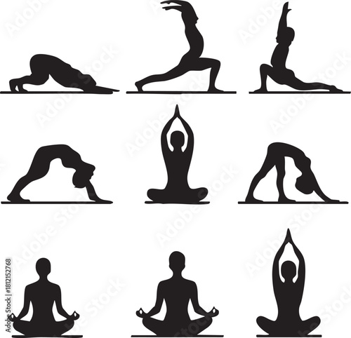 Collection of Black Silhouettes of Yoga Poses on White Background