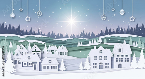 Winter scene of a village with snow covered houses and christmas ornaments hanging from the sky above it created with generated ai