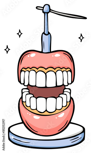 Cartoon illustration of a dental jaw model with a medical instrument for dentist training and education