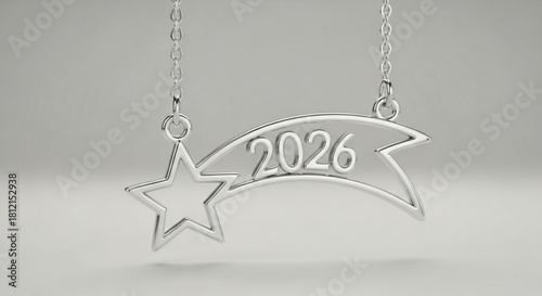 Silver necklace with a star and a banner displaying the year 2026 hanging against a neutral background created with generated ai