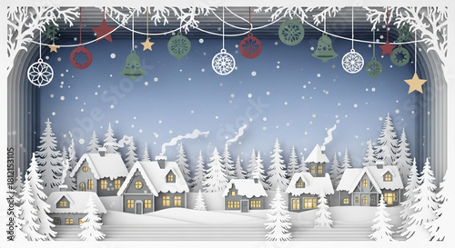 Winter village scene with snow covered houses and christmas ornaments hanging from tree branches above it all created with generated ai