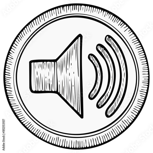 Vintage woodcut style sound speaker volume icon in a circular frame design