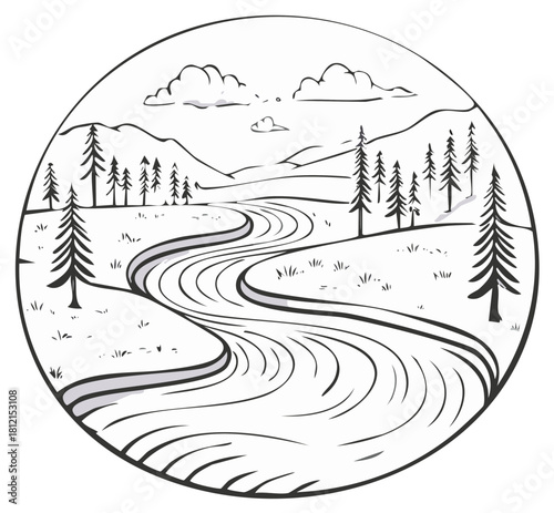 Illustration of winding river running through a mountain forest landscape, pine trees and cloudy sky
