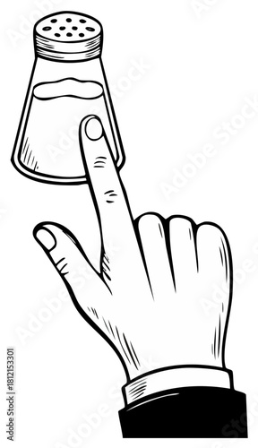 Stylized human hand gently holding up a traditional salt shaker with perforations for seasoning food