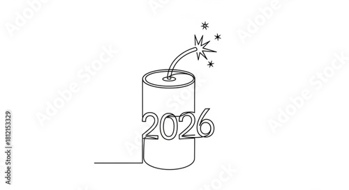 A single line drawing of a dynamite stick with a lit fuse and the year two thousand twenty six created with generated ai