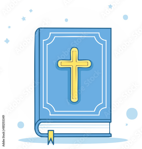 Blue Christian Holy Bible with Yellow Cross Symbol and Bookmark