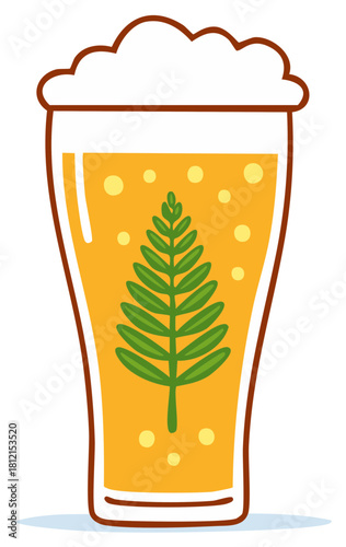 Refreshing pint of craft beer with a botanical fern leaf illustration
