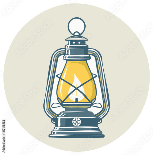 Vintage kerosene lantern with bright glowing flame illustration with a retro aesthetic