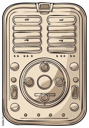 Futuristic Cartoon Control Panel with Grid Vents and Circular Buttons for Space Exploration or Science Fiction UI