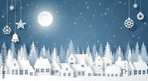 Winter scene with white paper houses and trees under a full moon with hanging ornaments and snowflakes falling created with generated ai