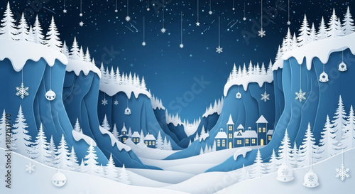 Winter wonderland scene with snow covered mountains and christmas ornaments hanging from trees and snowflakes created with generated ai
