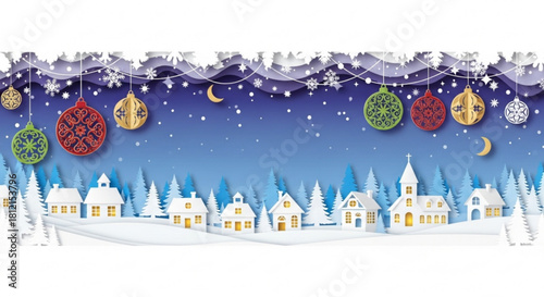 Christmas village scene with ornaments hanging above houses and trees in a winter night sky scene created with generated ai