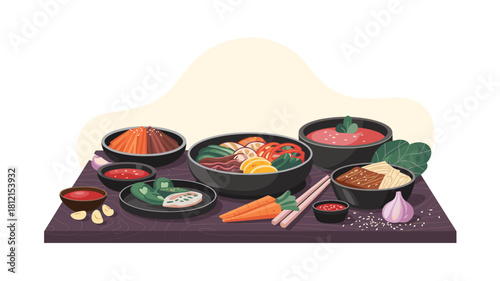 Variety of Traditional Korean Dishes: Kimchi, Bulgogi, Soups, Pickled Vegetables, and Noodles, Served with Dipping Sauces on Dark Wood Platform.