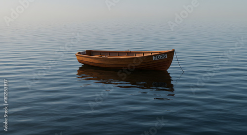 Konstfotografi A lone wooden rowboat floats serenely on calm rippling water under a hazy sky
