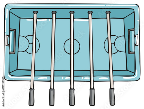 Drawn overhead view of a foosball table game with handles and field illustration