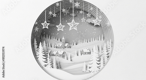 Winter village scene with christmas stars and snowflakes in a circular layered paper cut style design created with generated ai