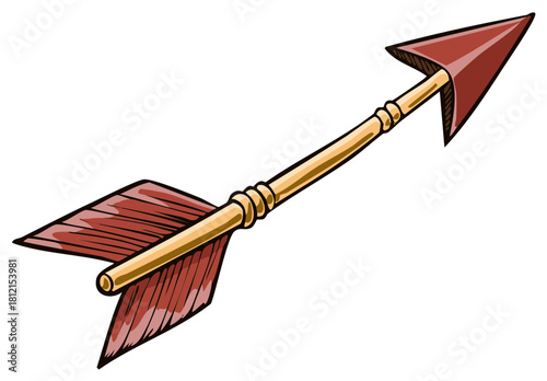 Stylized Medieval Arrow with Red Feathers and Wooden Shaft on White
