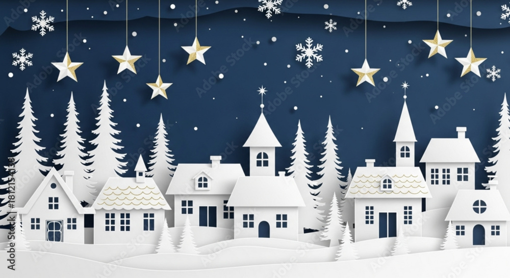 Fototapeta premium Winter scene with white paper cut village trees snowflakes and gold stars hanging from above on dark blue created with generated ai
