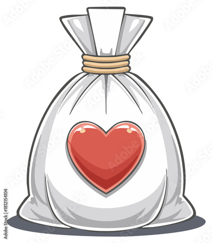 White drawstring bag with red heart emblem and rope tie illustration