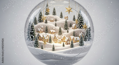 A festive snow globe with a miniature winter village and christmas trees inside a glass sphere ornament created with generated ai
