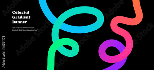 Colorful gradient ribbons and swirling doodles create groovy rainbow loops. Playful squiggles and dynamic waves form energetic abstract scene. Fun poster, digital layout or modern creative design.