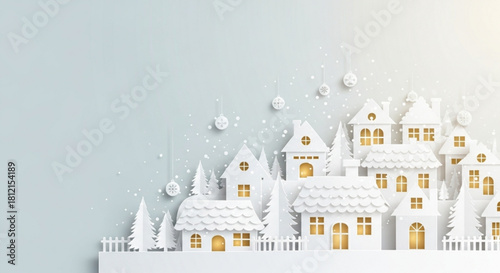 Winter village scene crafted from white paper with houses and trees in a festive holiday setting created with generated ai