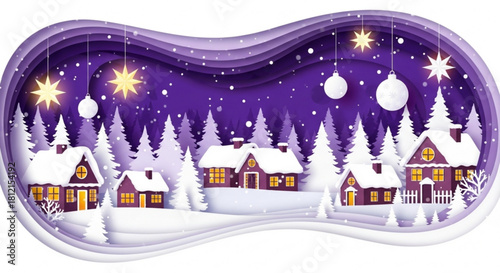 Winter scene with snow covered houses trees stars and christmas ornaments in a layered paper cut style created with generated ai