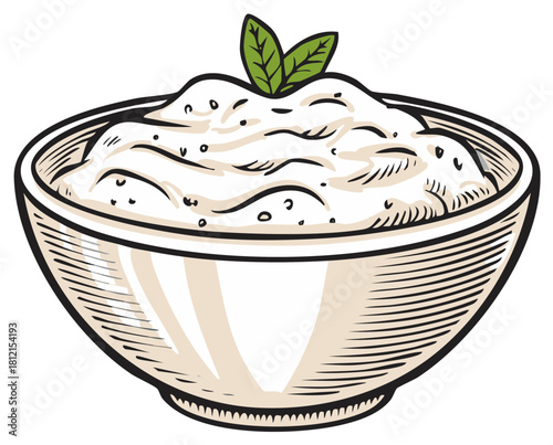 Creamy dip in a beige bowl with decorative leaves, illustration.
