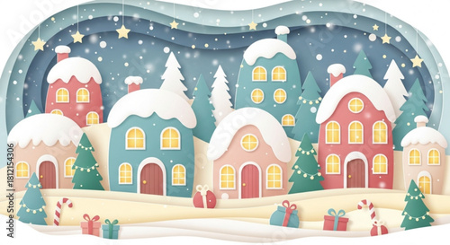 Illustration of a christmas village with snow covered houses and christmas trees in a winter scene created with generated ai