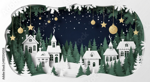 Winter village scene with white houses, green trees, golden ornaments and stars against a dark blue sky created with generated ai