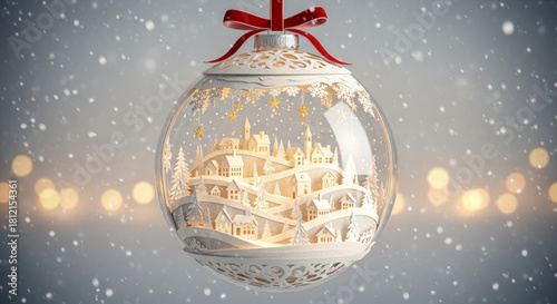 Christmas ornament with a miniature paper village inside hanging with a red ribbon and snow falling created with generated ai