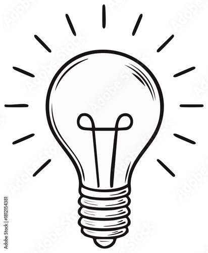 Hand drawn lightbulb sketch with light rays suggesting concept, brainstorming, creativity or idea
