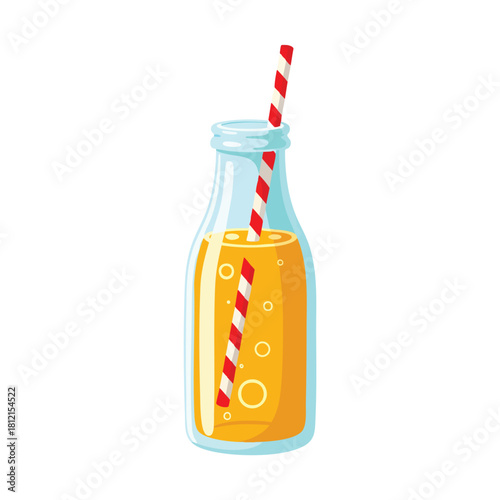Glass Bottle Filled With Orange Juice And Straw.