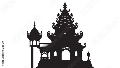 Majestic Thai temple silhouette showcasing intricate architecture, perfect for travel brochures and cultural event promotions with an exotic flair